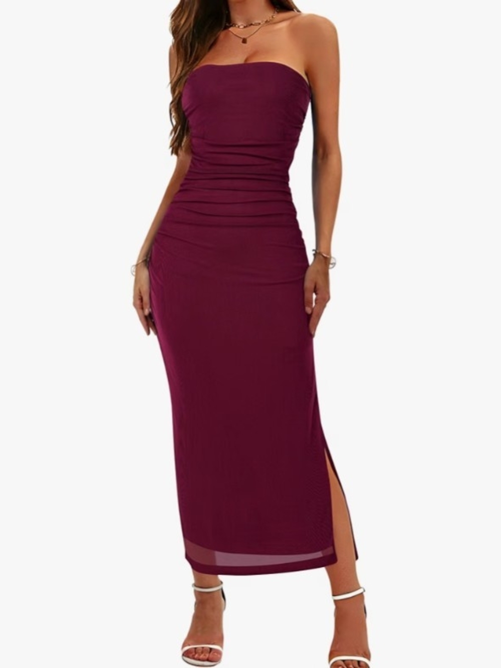 Strapless Ruched Bodycon Midi Dress - Burgundy